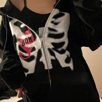 Zip-up Y2K Harajuku Anime Gothic Hoodies Korean Style Loose Skull Print Goth Grunge Long-sleeved Hooded Coat Solid Color Retro