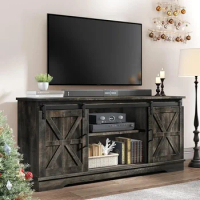 TV Cabinet, 65/60/55 Inches, Sliding Barn Door, Wood Media Console, Living Room Storage, TV Cabinet, Dark Country Oak