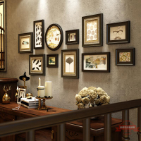 歐式復古實木照片墻相框墻餐廳酒店掛墻裝飾畫美式沙發背景墻畫框