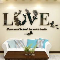 Acrylic English Silver Letter Mirror Wall Stickers Stylish Removable 3D Leaf LOVE Wall Sticker Art Vinyl Decals Bedroom Decor