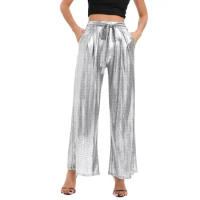 Fashion Vintage High Waisted Straight Leg Pants Women's Disco Dancing Party Night Club Wear Pants Waisted Tie Wide Leg Trousers