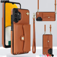 Luxury Leather Phone Case For Samsung Galaxy A73 A71 A70 A53 A52 A51 A50 A13 A12 4G 5G Coque Flip Wallet Card Long Lanyard Cover