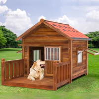 Solid Wood Dog House Outdoor Rainproof Wooden Kennels House Four Seasons Dog and Cats Cage Large Villa Kennel with Balcony