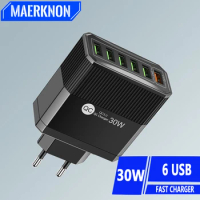 30W 6 Ports USB Chargers Fast Charging For Xiaomi 14 Ultra Wall Charger QC3.0 Quick Charge For Samsung Galaxy S22 S23 Huawei P60
