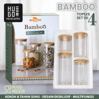 HUGO Toples Kaca Borosilicate Set 4 Pcs Kedap Udara Tutup Bambu Tahan Panas Premium Quality