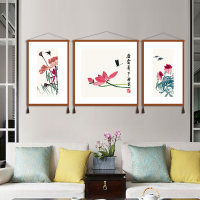 中式現代客廳裝飾畫沙發背景三聯掛毯齊白石中式荷花國畫餐廳壁毯