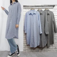 【buyer 白鵝】小清新 休閒細格長版襯衫(淺藍/深藍/黑)