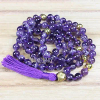 MN36779 Amethyst Mala Beads 108 Mala Necklace Knotted Mala Tassel Necklace Yoga Jewelry Meditation Bead Spiritual Boho Jewelry