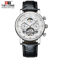 TEVISE Men's Watch Automatic Mechanical Watch Stainless Steel Leather Strap SKeleton Watch Moon Phas