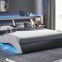 Queen Led Bed Frame Upholstered Platform Bed Faux Leather Wave Like Black+White