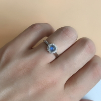 天然藍灰月光石戒指女款白銅托活口潮人清新百搭指環時尚水晶飾品