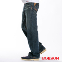 【BOBSON】男款皮革口袋中直筒牛仔褲(藍52)