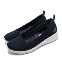 【SKECHERS】休閒鞋 Arya-Comfy Elegance 女鞋 楔形低跟娃娃鞋 增高 泡棉鞋墊 藍 米(104112-NVY)