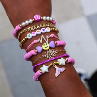 HI MAN 8 Pcs/Set Star Fish Tail Heart Smile Face Wave Pearl Flower Bracelet Women Exquisite Versatile European Jewelry