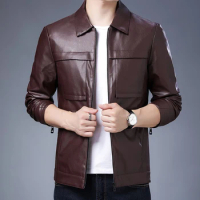 Autumn PU Fashion Jacket Men's Business Casual Solid Color Soft Leather Jacket Motorcycle Wear Flight Suit Street Wear