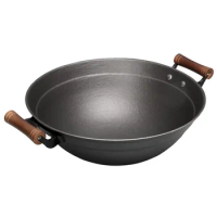 Tengzhou Iron Pot Double-Ear Cast Iron Pot Old-Fashioned Handmade Frying Pan Household round Bottom Wok Uncoated Thickened