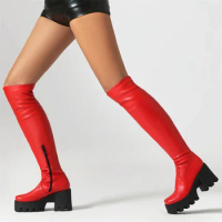 Sexy Knee High Boots Women Platform Red White Black Long Thigh High Boot Thick Punk Heels Winter Dance Shoes Lady Large Size 48