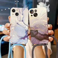 Luxury Case For iPhone 11 12 13 14 15 Pro Max Fashion Marble Pattern Soft TPU Cover With Crossbody Necklace Strap Lanyard Cord