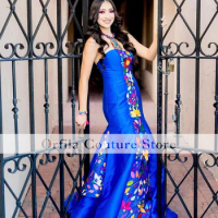 Orfila Royal Blue Prom Dress for Women Sweetheart Mexican Embroidery Appliques Wedding Evening Wear abendkleider