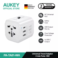 Aukey AUKEY Universal Travel Adaptor PA-TA01 Type C 15W 3 In 1 EU US UK AU