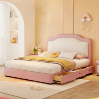 Cute Pink Childrens Double Bed Storage Wood Drawers Comferter Queen Bed Princess Loft Camas Matrimonial Bedroom Set Furniture