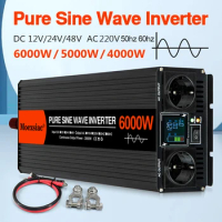 Moexsiac Pure Sine Wave Inverter 4000W 5000W 6000W Double EU Socket DC12V 24V 48V To AC220V Voltage Converter Solar Car Inverter