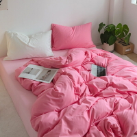 INS博主款 素色混搭玫紅床包組 素色床包四件組 拼色床單  雙人床包 加大床包 枕頭套 被套 床罩 被單 柔軟舒適 不