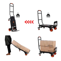 Foldable Stainless Shopping Cart Large Goods Steel Cargo Handle Platform Trolley Hand Trolley Camping Cart Trolley Folding Brown