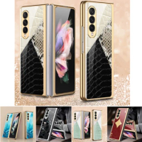 Luxury Slim Tempered Glass Shockproof Case for Samsung Galaxy Z Fold 5 Fold 3 4 5G Case Plastic Frame Hard Cover painted pattern