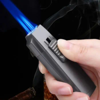 JOBON Triple Blue Flame Metal Jet Lighter Windproof Pull Down Ignition Visual Gas Window With Cigar Punch