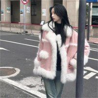 Imitation Fox Fur Fur Integrated Lamb Cashmere Splicing Thickened Fur Collar Fur Coat For Women's Winter Fur Coat Pink 2024 New