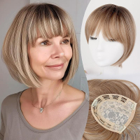 Short Bob Hair Toppers with Bangs Hair Toppers for Women Grey Mixed Side Part Hair Toppers for Women