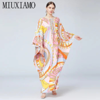 MIUXIMAO 2023 Maxi Silk Dress Women Knit Elastic Bohemian Print Elegant Leaves Over Size New Autumn Kaftan Loose Dress Bow