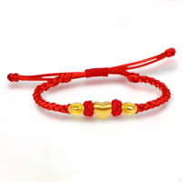 Pure 999 24K Yellow Gold Woman Lucky Heart Yuanbao Red Weave Bracelet