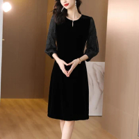 2023 New Fashion Velvet Dress Women's Autumn Black 3/4 Sleeve Round Neck Loose Fit Casual Holiday Dress Vestidos