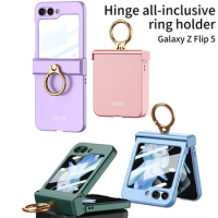Ultra Thin Hinge Case for Samsung Galaxy Z Flip 5 5G Flip5 Front Screen with Film Protection Ring Holder Shockproof Luxury Cover