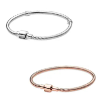 Original Moments Clasp Snake Chain Bracelet Bangle Fit Women 925 Sterling Silver Bead Charm Fashion Jewelry