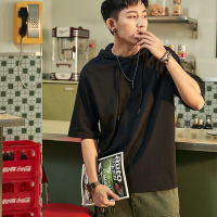 เสื้อวอร์มแขนสั้นมีฮู้ดสำหรับผู้ชาย,เสื้อฮู้ดแขนสั้นผ้าฝ้ายทรงหลวมสไตล์เกาหลีไซส์ใหญ่พิเศษ