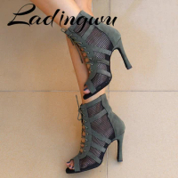 Ladingwu New Army Green Suede Latin Dance Boots Ladies Salsa Tango Dance Shoes Indoor Sports Dance Shoes Ballroom Dance Shoes