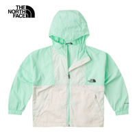 【The North Face 官方旗艦】北面兒童綠白拼接UPF防曬彈力袖口休閒連帽外套｜8998XOE 抗UV