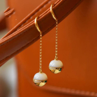 S925純銀白貝母鈴鐺耳環長款女耳墜精致風天然和田玉復古個性飾品
