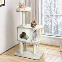 Stable and Sturdy Constructions Pet Cat Scratcher Toy 46 Inch Wooden Cat Activity Tree with Platform Cushions Funny Cat Tree Toy