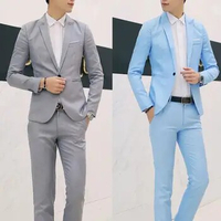 2Pcs/ 1 Set Fashion Men Solid Color Lapel Button Long Sleeve Slim Blazer Suit Pants for Men Wedding Office Meeting Male Clothing