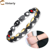 Vinterly Magnetic Bracelets for Women Black Heart Luxury Stainless Steel Femme Energy Chain Link Jewelry Benefits Waterproof