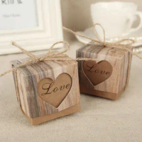 20 Sets Wedding Bonbonniere Hearts in Love Rustic Kraft Bark Candy Boxes with Burlap Chic Vintage Twine Wedding Favor Gift Box