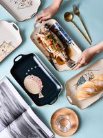日式陶瓷盤子菜盤蒸魚盤家用新款創意個性手繪大號長方形雙耳魚盤