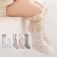 Cute Girls Knee High Socks Bows Cotton Breathable Soft Children Socks Hollow Out Non-slip Newborn Infant Long Mesh Socks 0-3Yrs