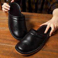 Mens Bedroom Leather Slippers Unisex Black Home Shoes Big Size 47 48 Man's Slippers Indoor Comfy Mal