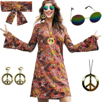 70s Hippie Dress Costumes Necklace Earrings Sunglass Women Disco Outfit, 60s Party Costume, Halloween Retro Dresses