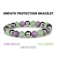 1 Pc Empath Protection Bracelet: Amethyst, Hematite &amp; Fluorite 8 mm Round Emotional Balance Crystals (Crystal Healing, Gift)